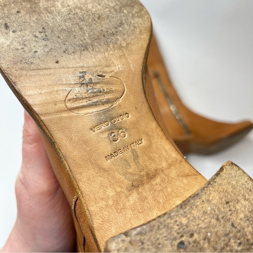 VINTAGE Prada 1990s Tan Camel Italian Leather Side Zip Pullon Classic Flat Boots - Picture 14 of 16